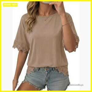 Oversized Short Sleeve T-Shirt Lace Trim Loose Fit Polyester Blend